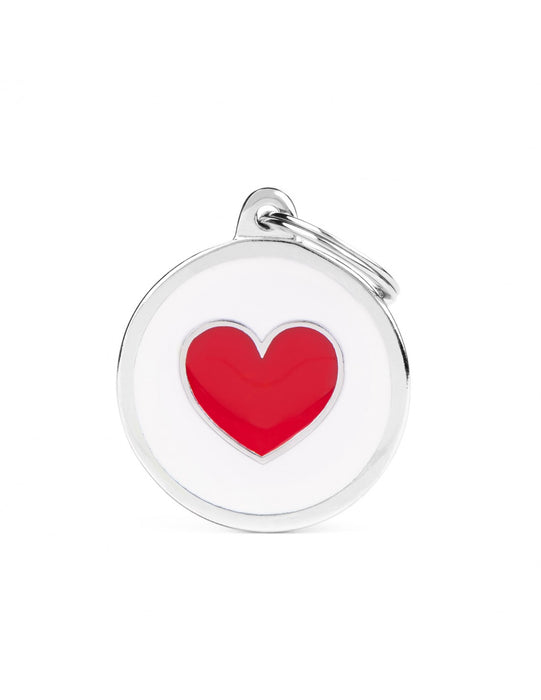 White Circle Red Heart ID Tags
